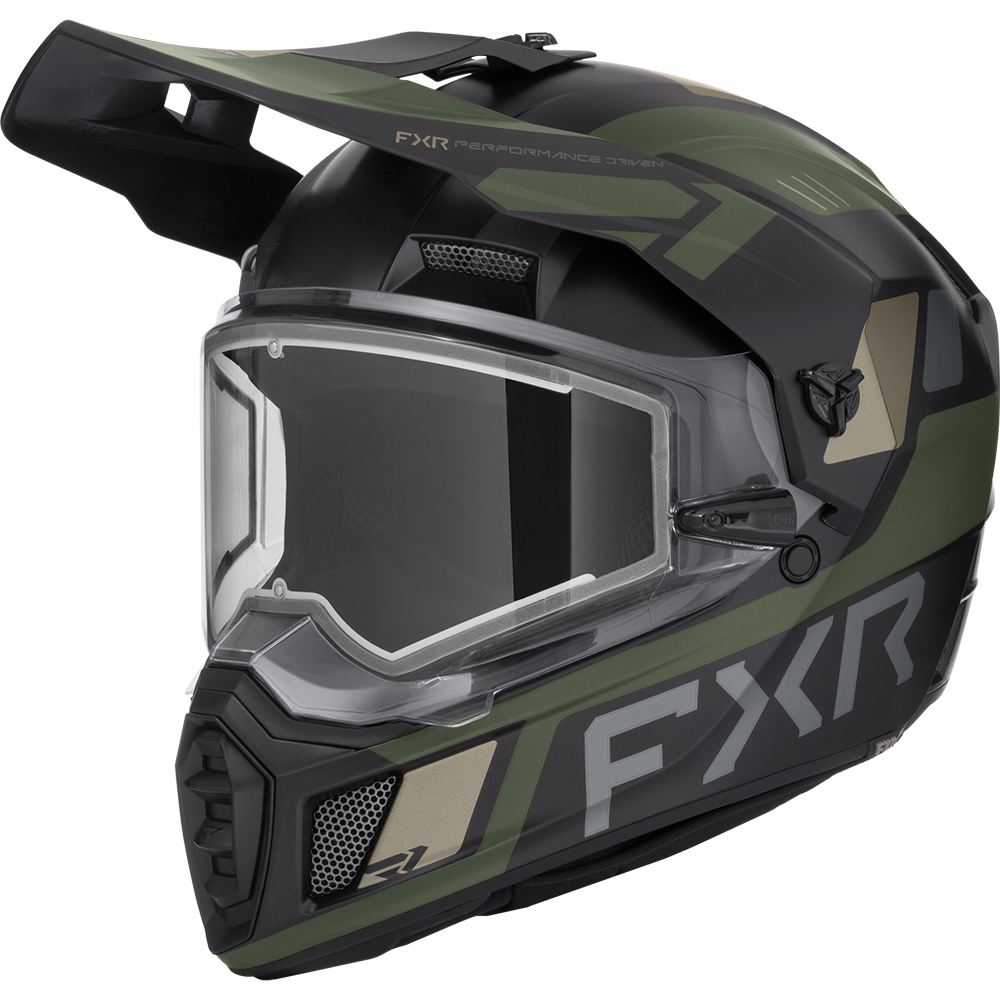 black motorcycle army helmet FXR Clutch X Helmet Heated Shield Snowmobile – Up North Sports