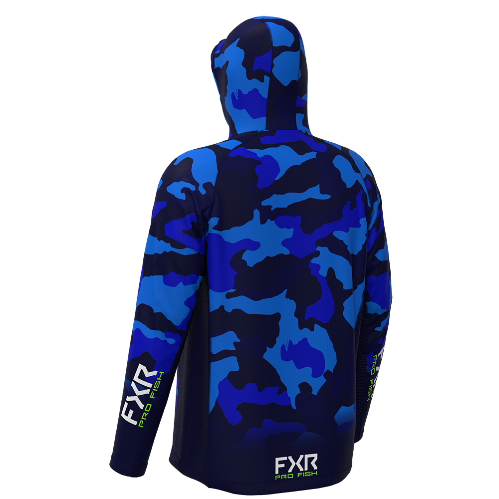 FXR Men&#39;s Derby Camo Air UPF Pullover Hoodie Blue Camo / Lime