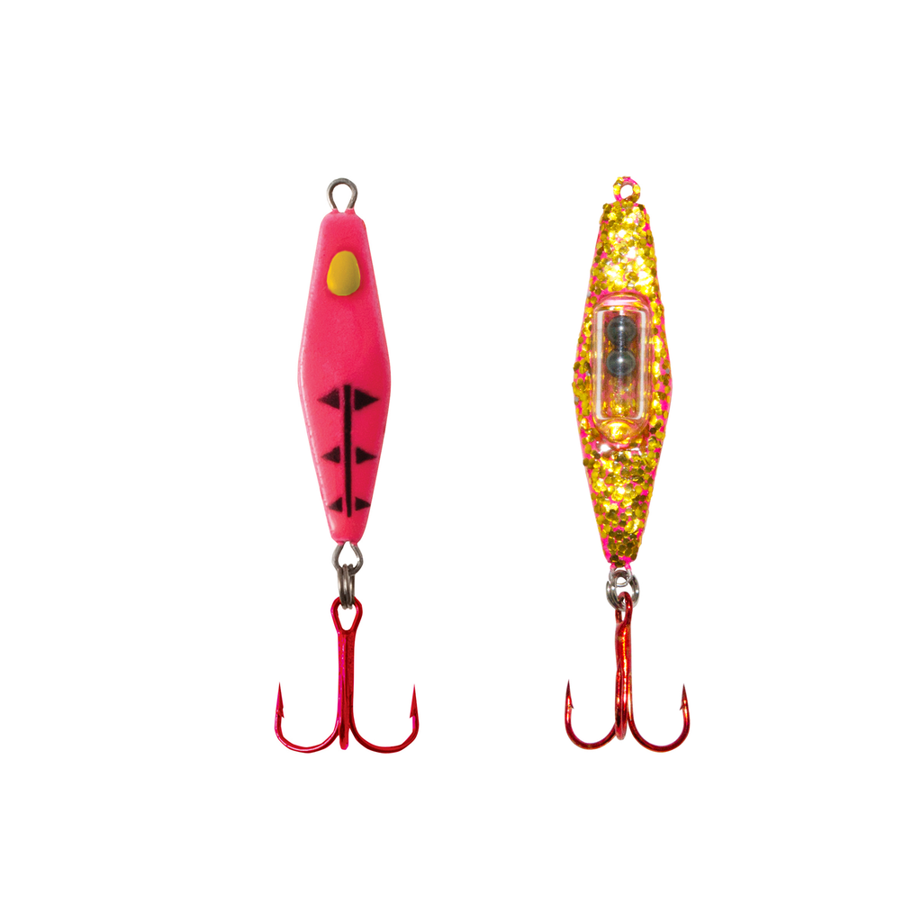 Clam Dingle Drop Ice Fishing Lure - Size 14, Chartreuse/Blue Glow Spot