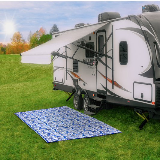 Camco Outdoor Mat 8 ft x 16 ft Blue Swirl swirlmat
