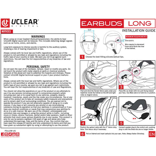UCLEAR HALF HELMET EARBUDS FOR HBC AND AMP SERIES earbudslong