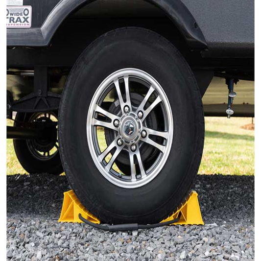Camco Double Wheel Chock With Rope Yellow trailerwheelchock